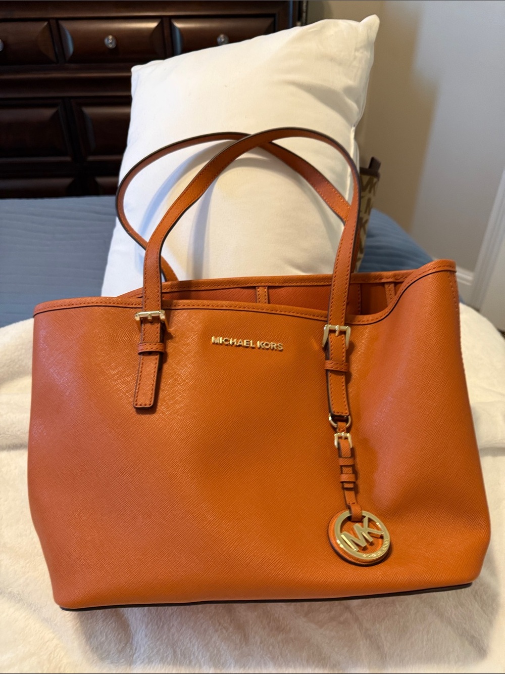 Michael Kors Orange Leather Saffiano Tote with Signature Charm